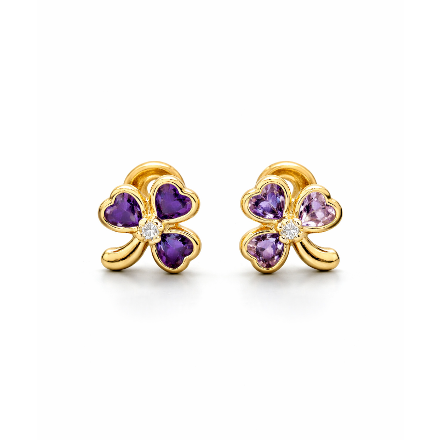 Aretes Topo Lujo Trebol Amatista Pequeño