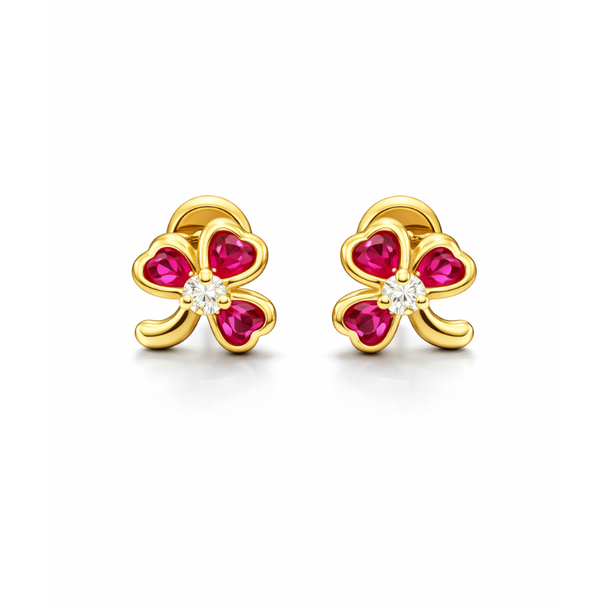Aretes Topo Lujo Trebol Rubi Pequeño