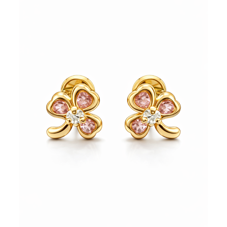 Aretes Topo Lujo Trebol Rosado Pequeño