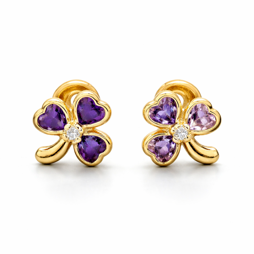 Aretes Topo Lujo Trebol Amatista Grande