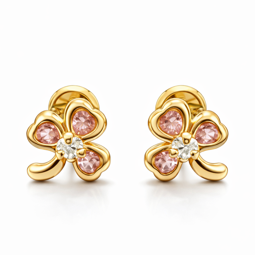 Aretes Topo Lujo Trebol Rosado Grande
