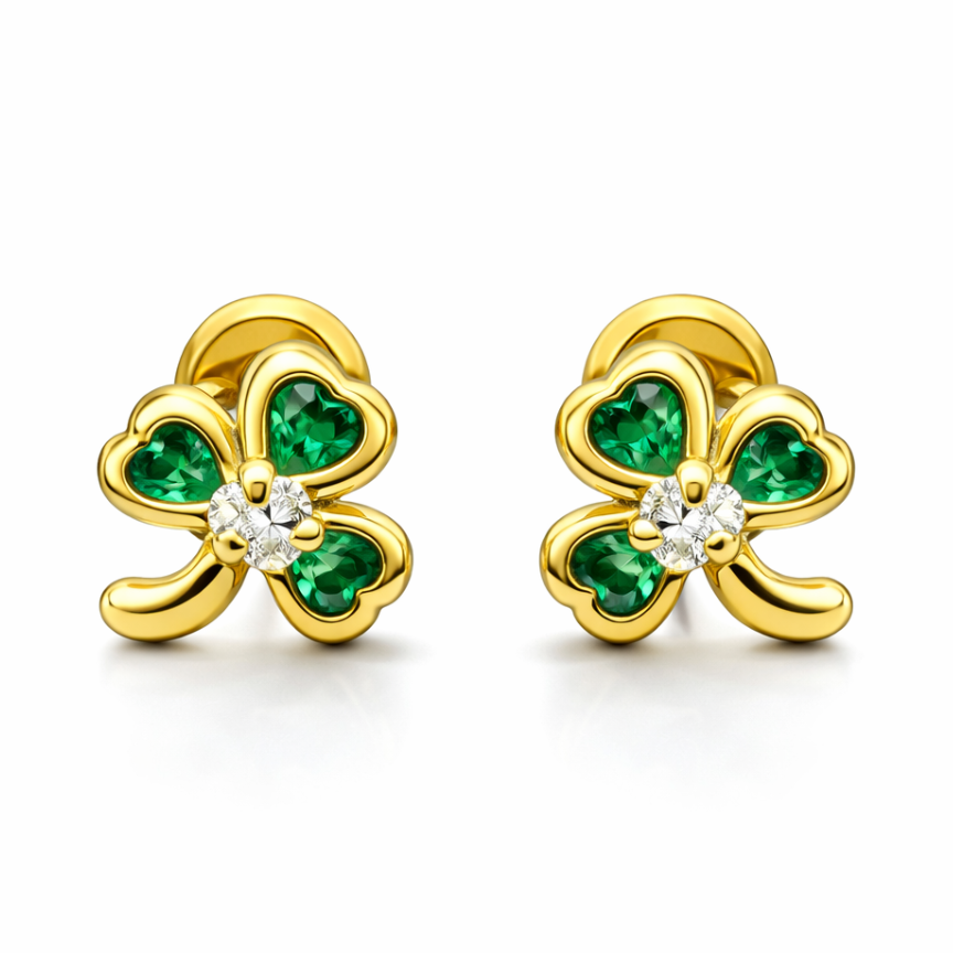 Aretes Topo Lujo Trebol Verde Grande