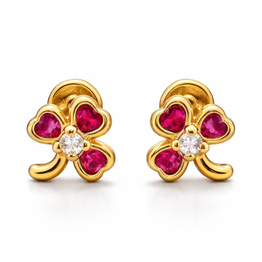 Aretes Topo Lujo Trebol Rubi Grande